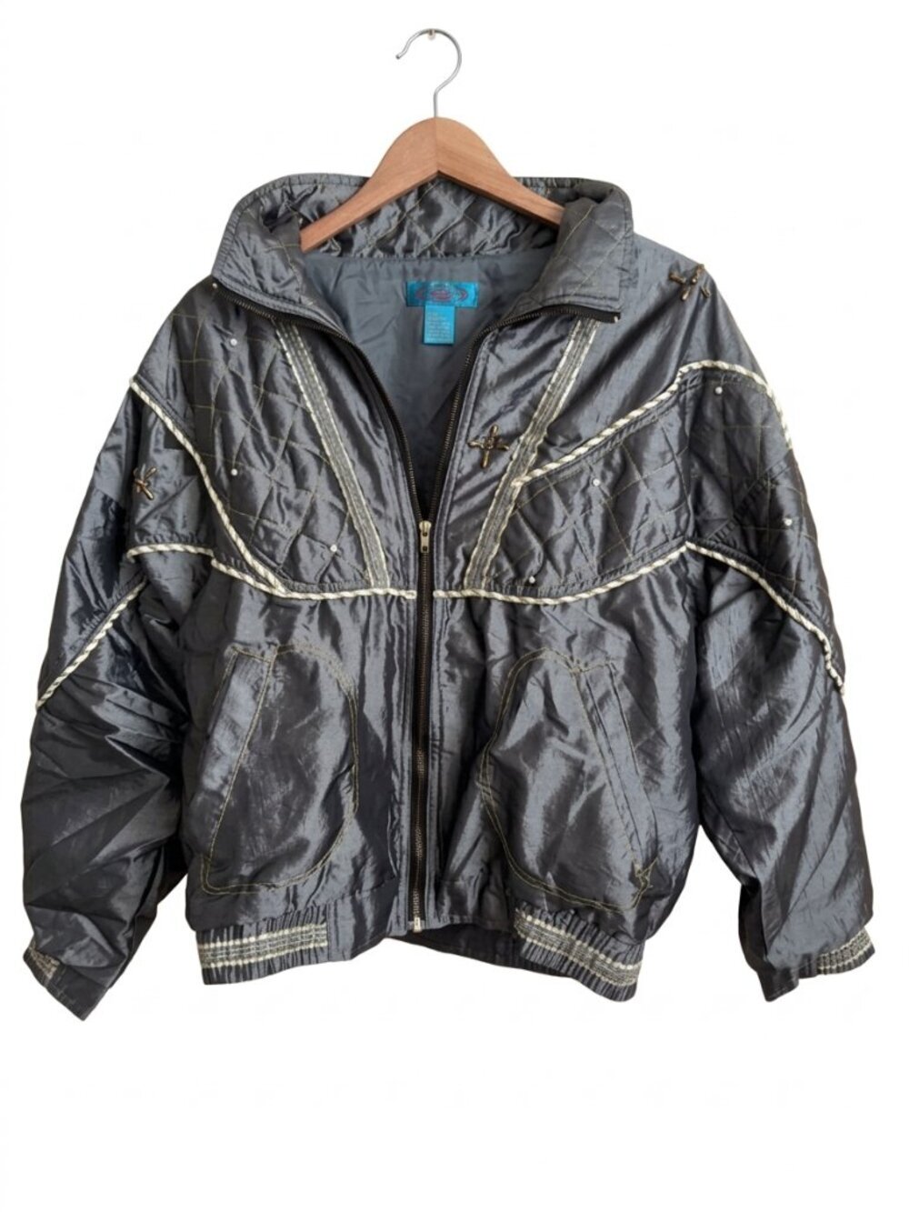 Vintage Ski Jacket Metallic Gray Pearl Embellished Quilted Oversized Women's M